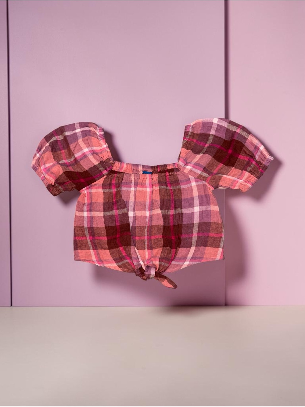 Old Navy Pink & Burgundy Plaid Off-Shoulder Tie Top Girls Small 6/7